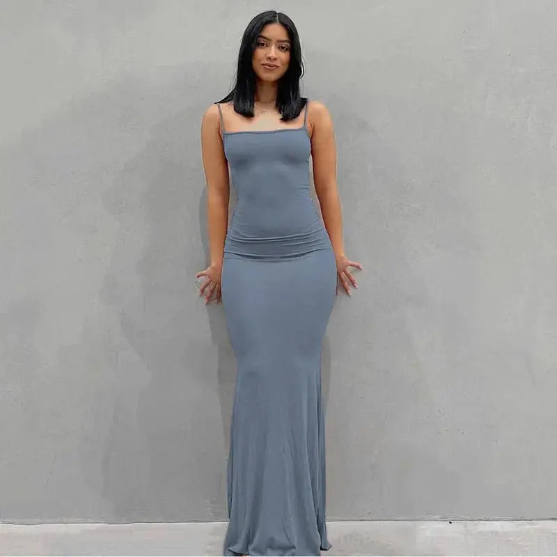 Spaghetti Strap Black Long Sleeveless Skinny Bodycon Dress Y2k - Blade & Thread