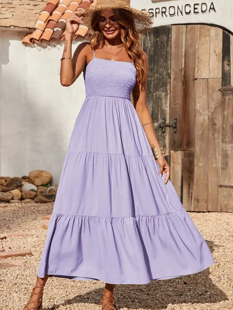 Spaghetti Strap Maxi Dress Women Summer Sleeveless Smocked Boho Long Beach Dress Sundresses - Blade & Thread