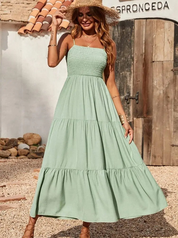 Spaghetti Strap Maxi Dress Women Summer Sleeveless Smocked Boho Long Beach Dress Sundresses - Blade & Thread
