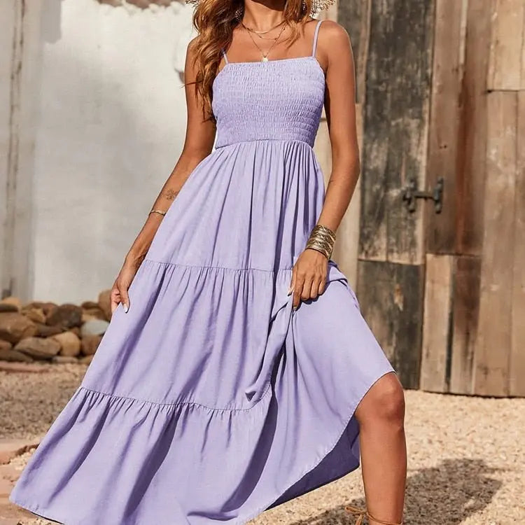 Spaghetti Strap Maxi Dress Women Summer Sleeveless Smocked Boho Long Beach Dress Sundresses - Blade & Thread