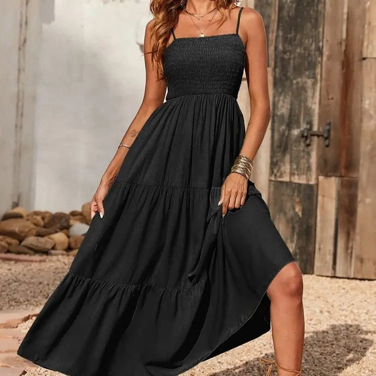Spaghetti Strap Maxi Dress Women Summer Sleeveless Smocked Boho Long Beach Dress Sundresses - Blade & Thread