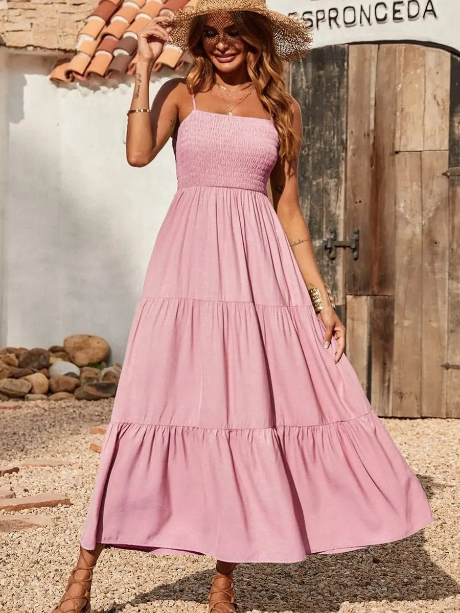 Spaghetti Strap Maxi Dress Women Summer Sleeveless Smocked Boho Long Beach Dress Sundresses - Blade & Thread