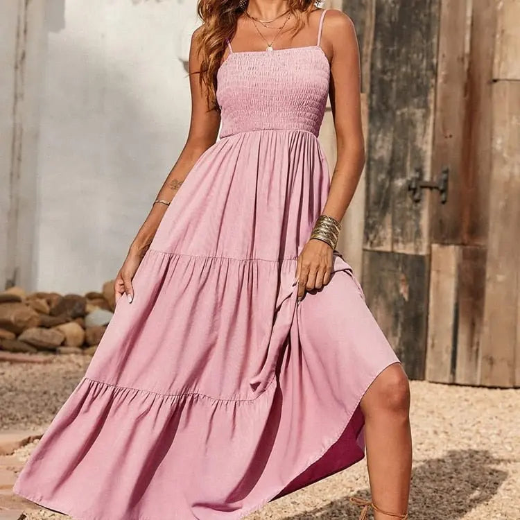 Spaghetti Strap Maxi Dress Women Summer Sleeveless Smocked Boho Long Beach Dress Sundresses - Blade & Thread