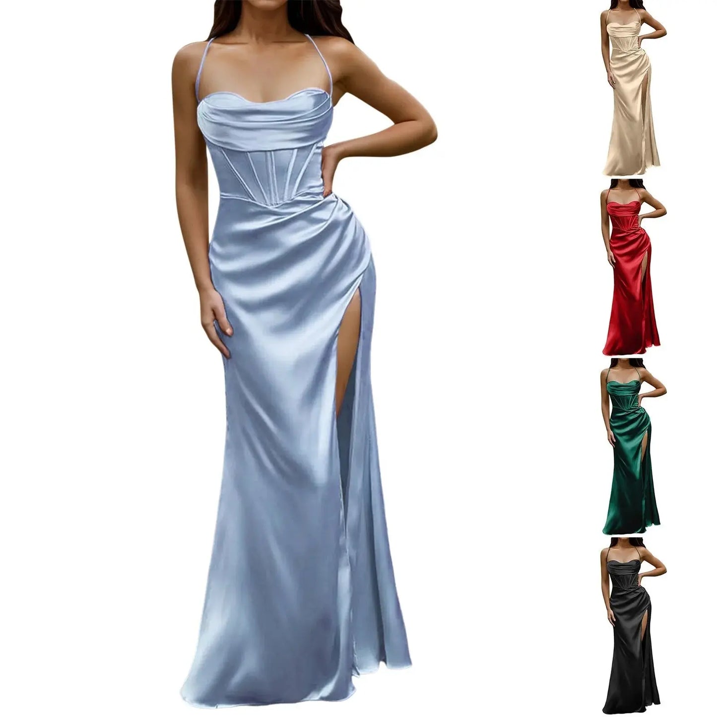 Spaghetti Strap Satin Corset Fishbone Push Up Bodycon Party Long Dress - Blade & Thread