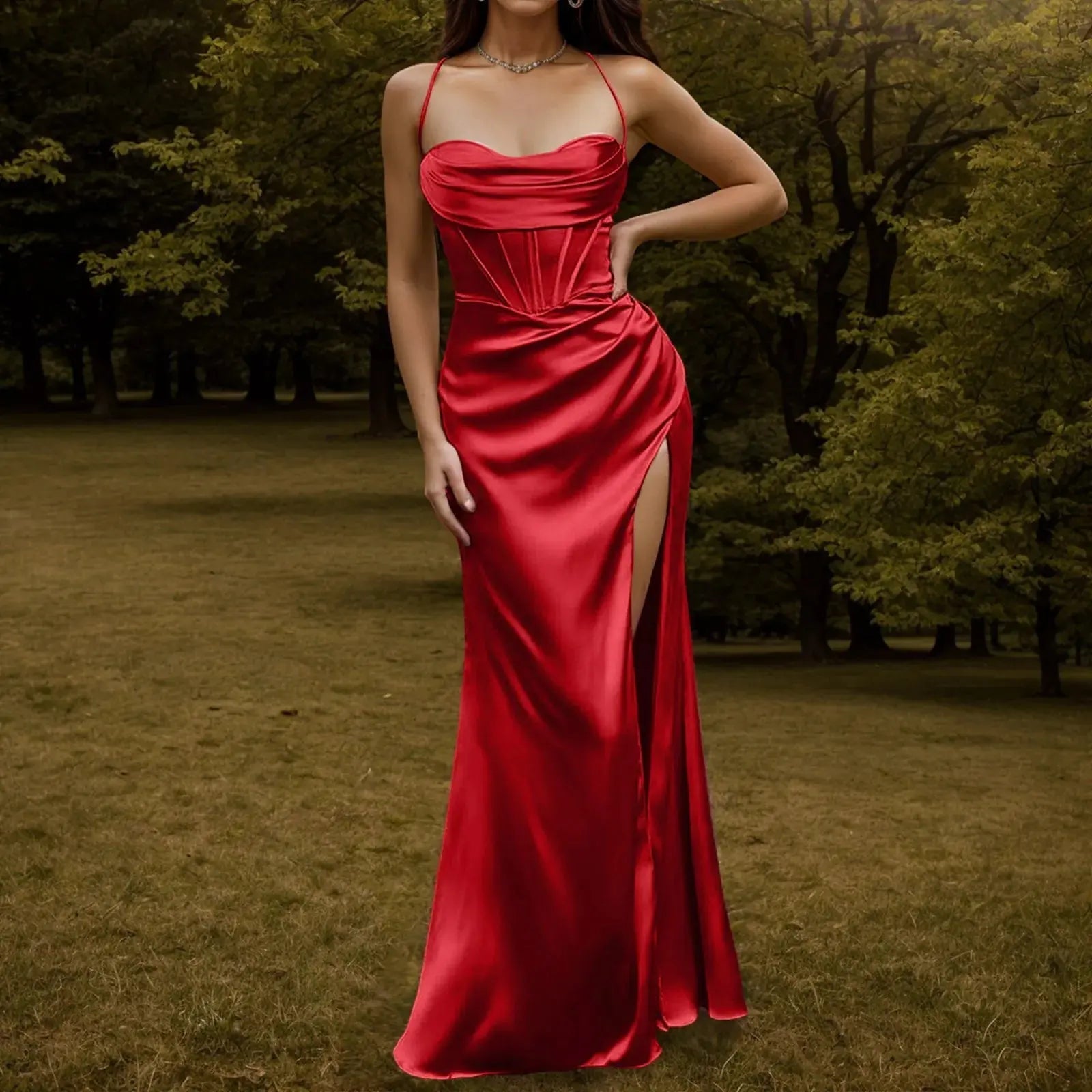 Spaghetti Strap Satin Corset Fishbone Push Up Bodycon Party Long Dress - Blade & Thread