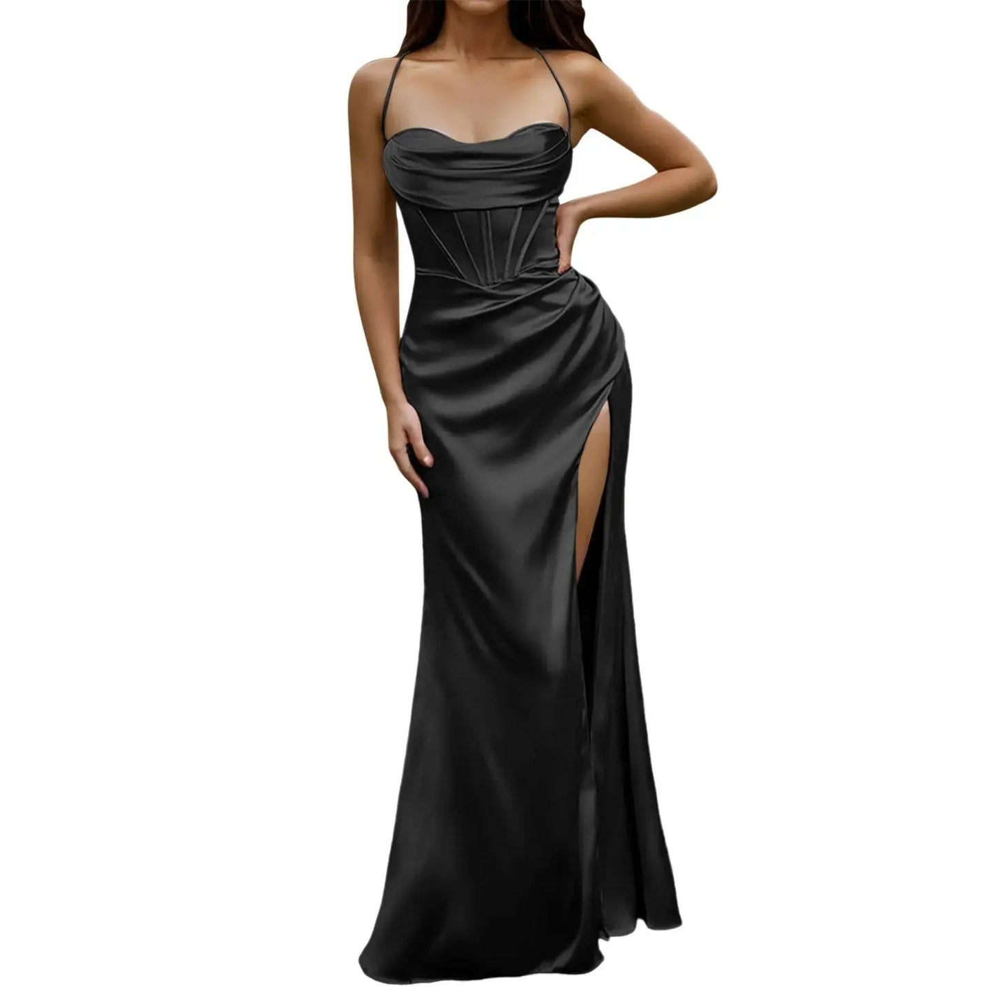 Spaghetti Strap Satin Corset Fishbone Push Up Bodycon Party Long Dress - Blade & Thread