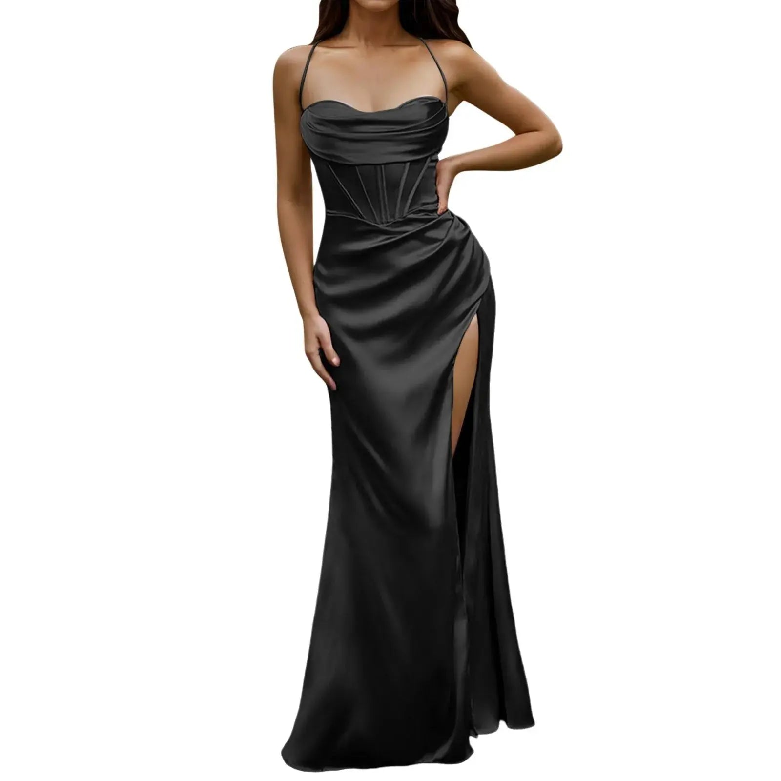 Spaghetti Strap Satin Corset Fishbone Push Up Bodycon Party Long Dress - Blade & Thread
