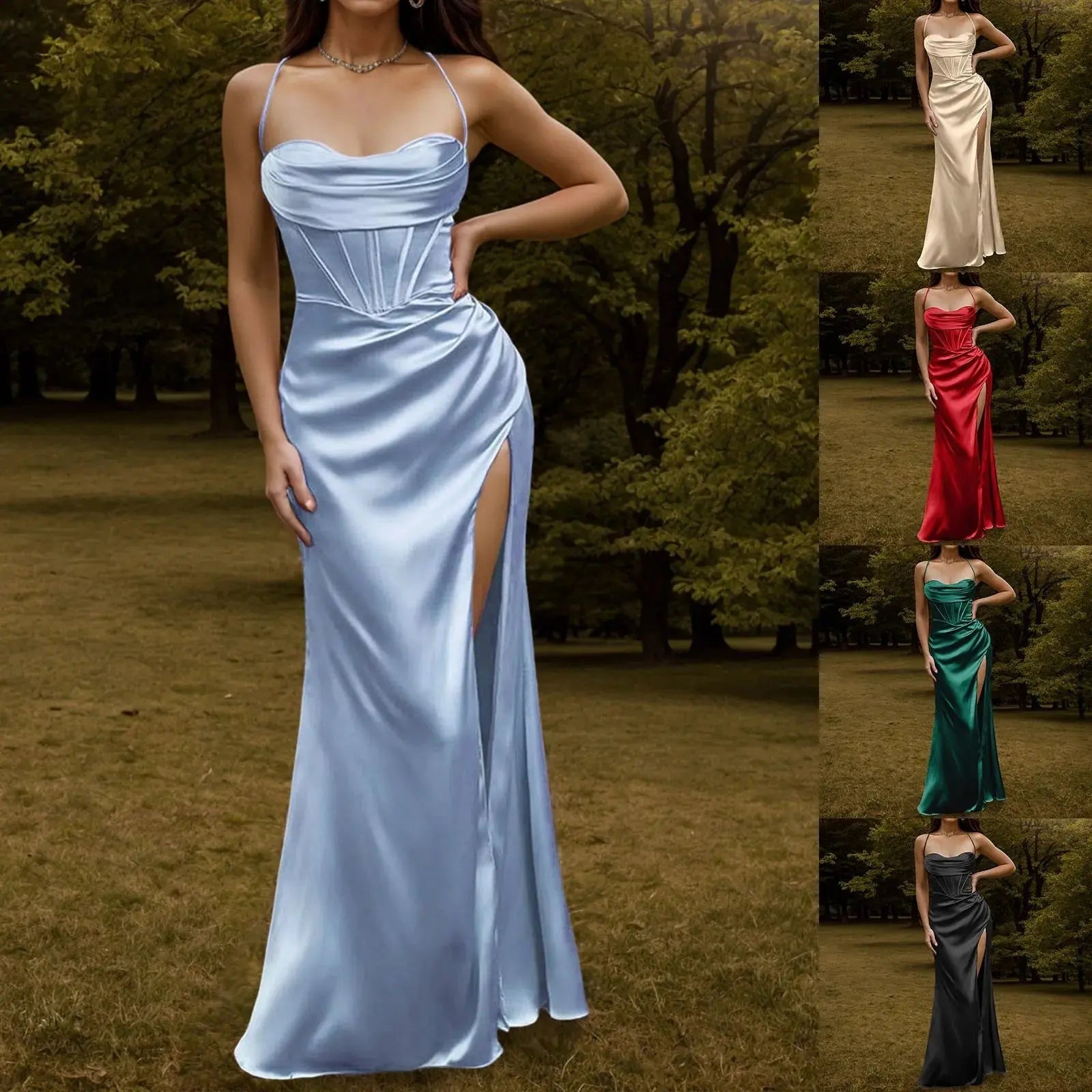 Spaghetti Strap Satin Corset Fishbone Push Up Bodycon Party Long Dress - Blade & Thread