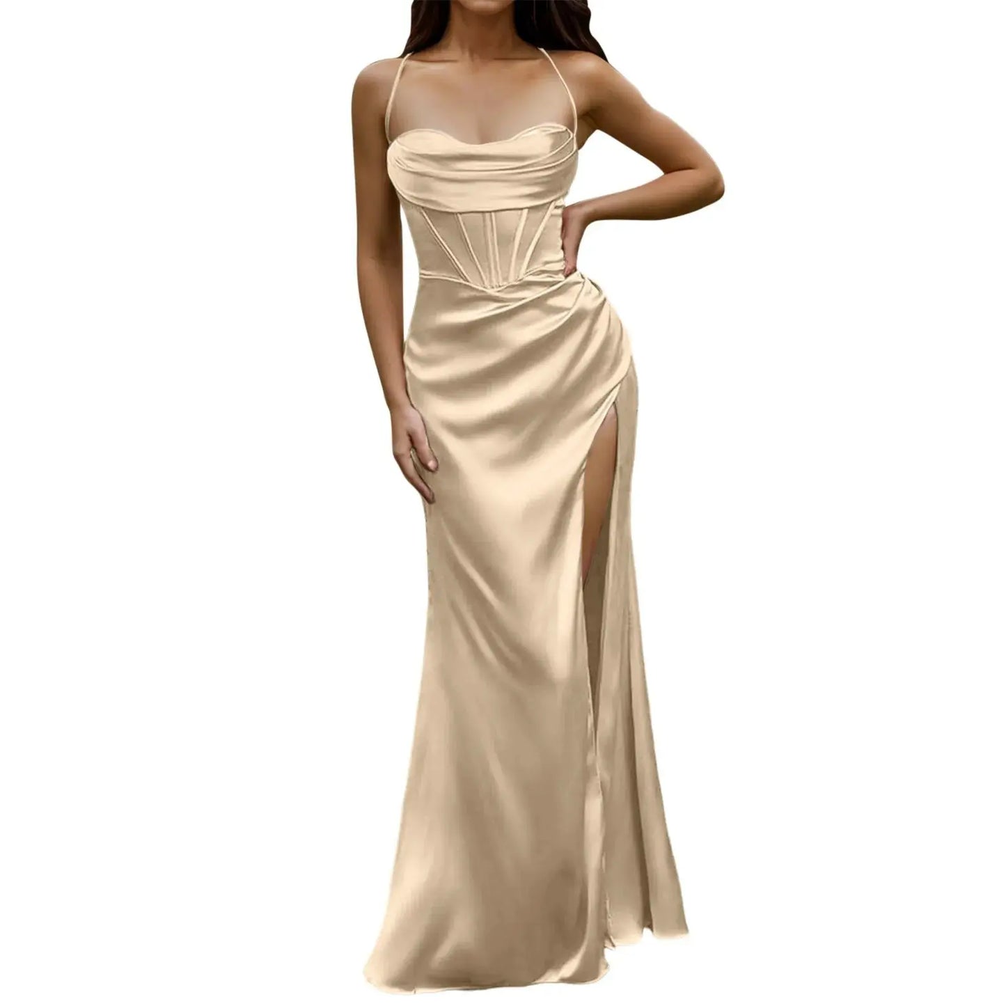 Spaghetti Strap Satin Corset Fishbone Push Up Bodycon Party Long Dress - Blade & Thread
