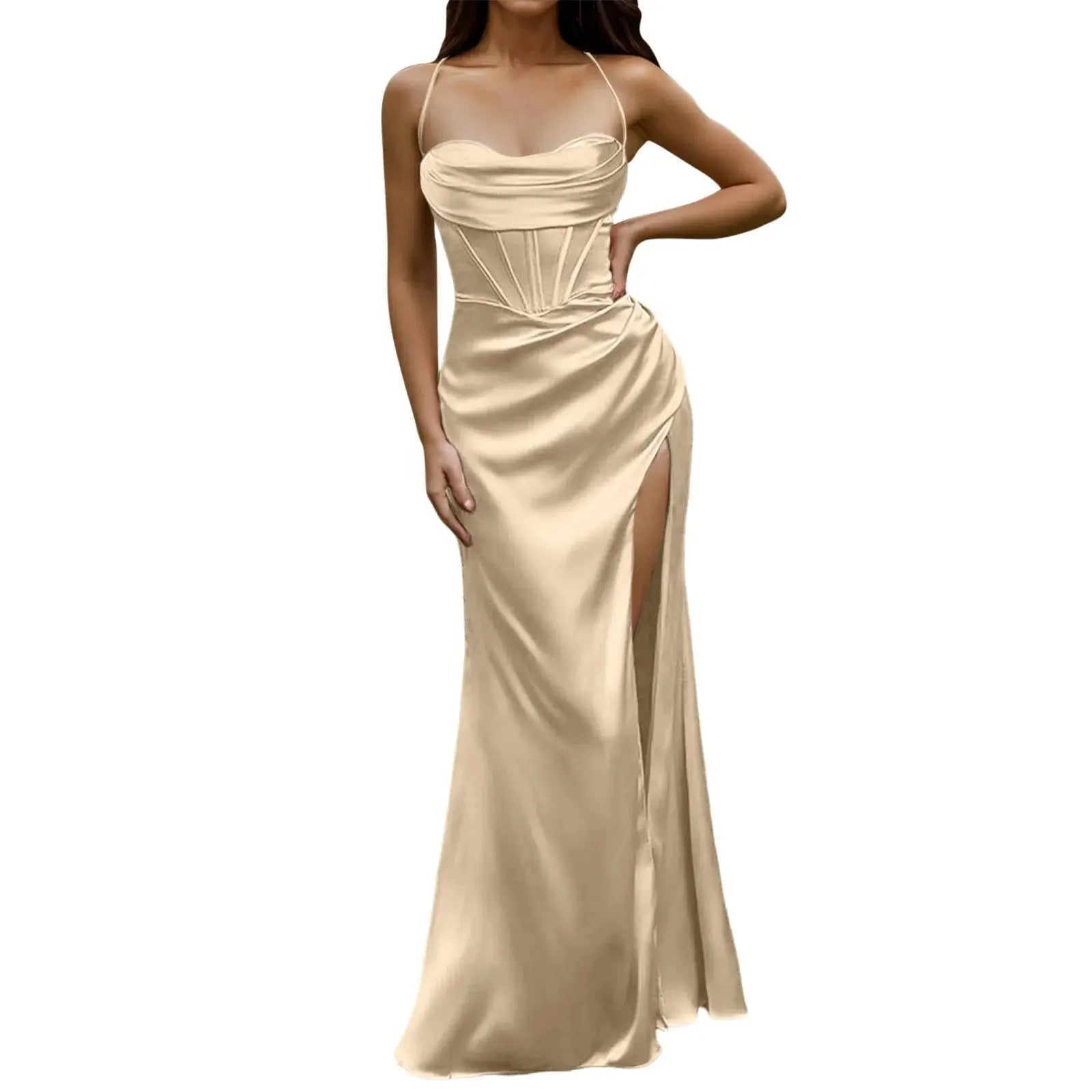 Spaghetti Strap Satin Corset Fishbone Push Up Bodycon Party Long Dress - Blade & Thread