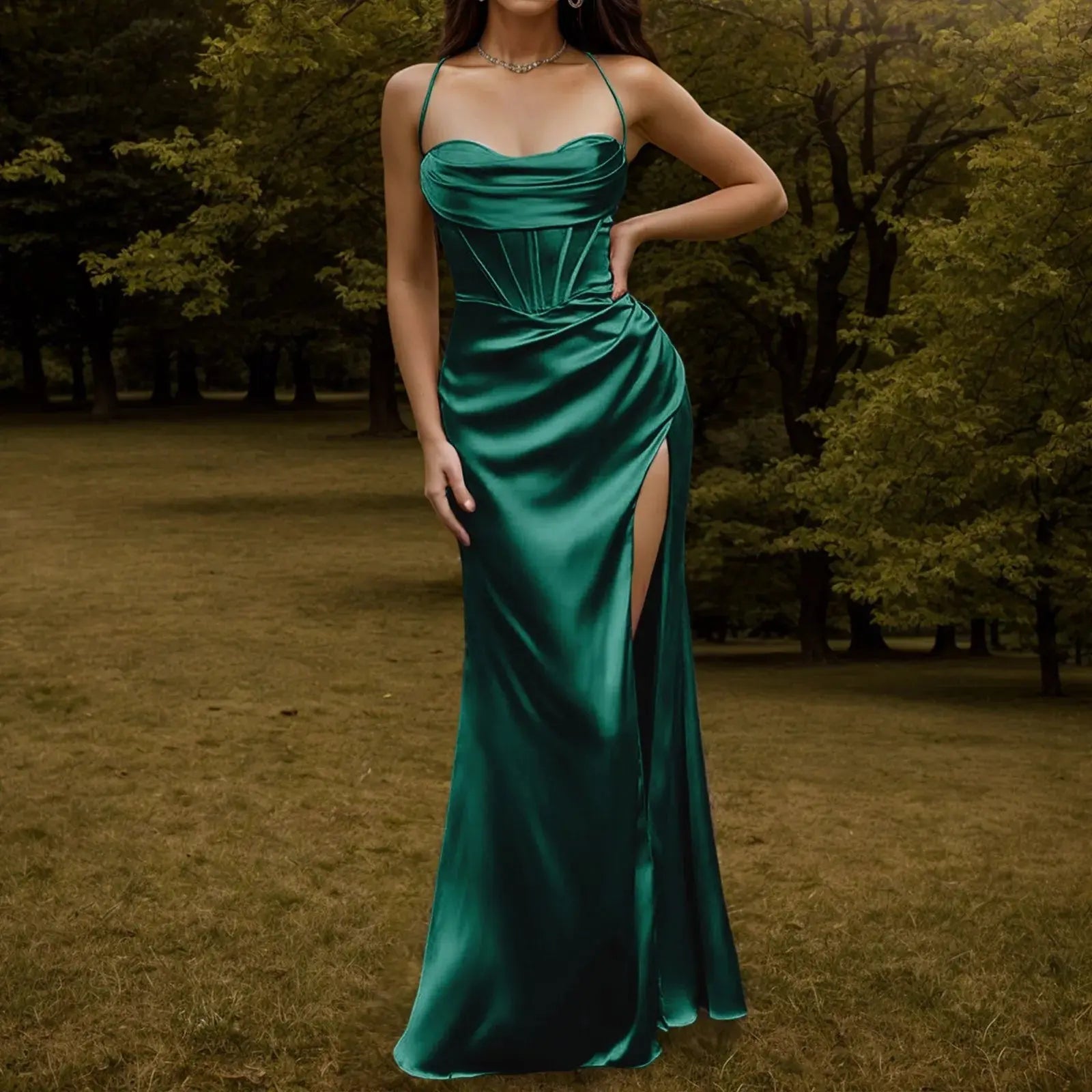 Spaghetti Strap Satin Corset Fishbone Push Up Bodycon Party Long Dress - Blade & Thread