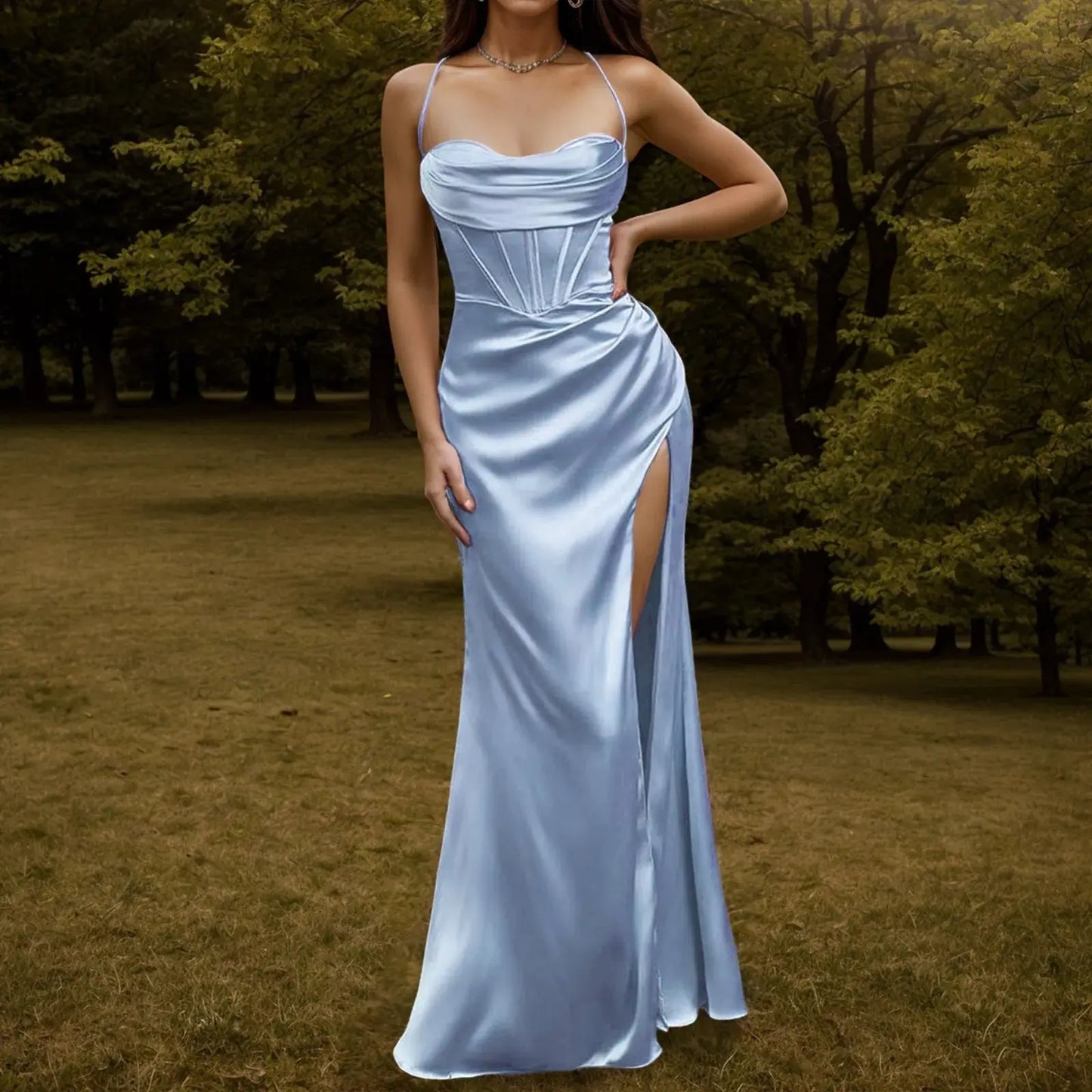Spaghetti Strap Satin Corset Fishbone Push Up Bodycon Party Long Dress - Blade & Thread
