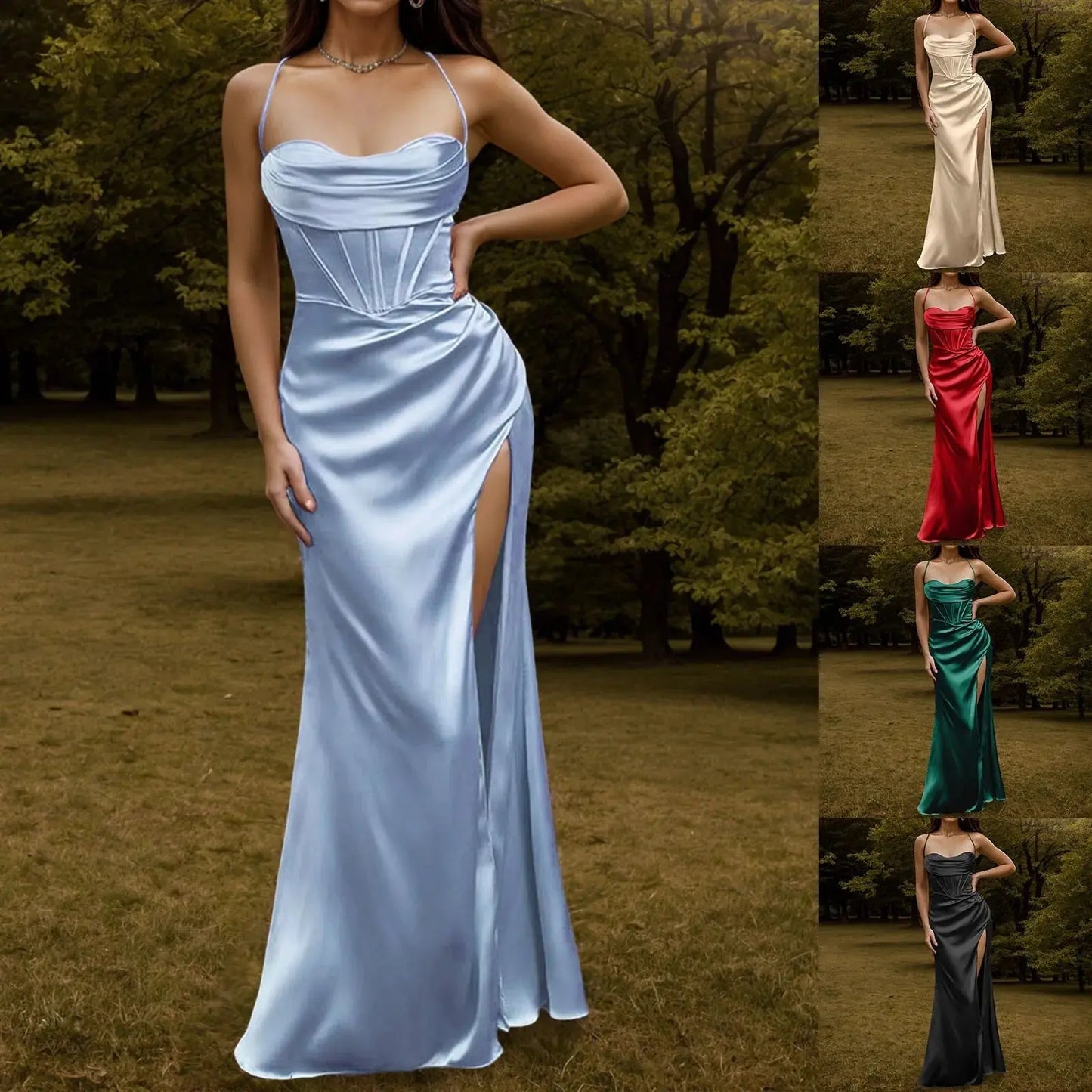 Spaghetti Strap Satin Corset Fishbone Push Up Bodycon Party Long Dress - Blade & Thread