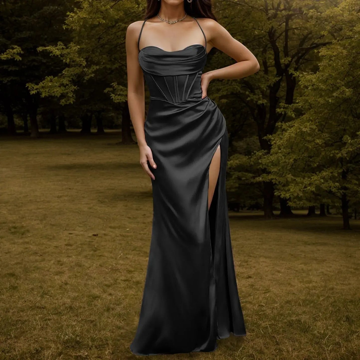 Spaghetti Strap Satin Corset Fishbone Push Up Bodycon Party Long Dress - Blade & Thread