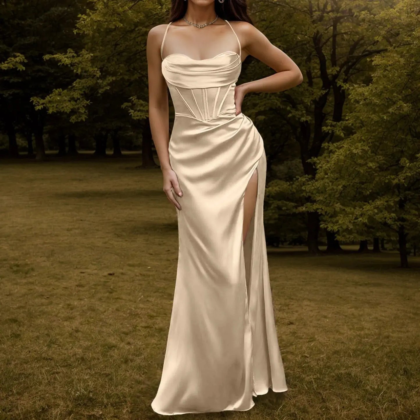 Spaghetti Strap Satin Corset Fishbone Push Up Bodycon Party Long Dress - Blade & Thread