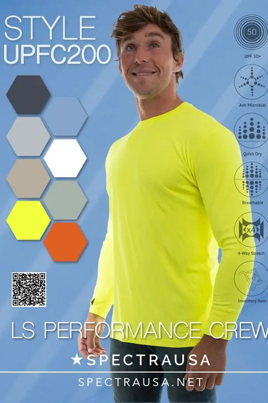 SpectraUSA UPF 50 performance long sleeve crew shirt in lightweight, breathable fabric for sun protection and active wear.