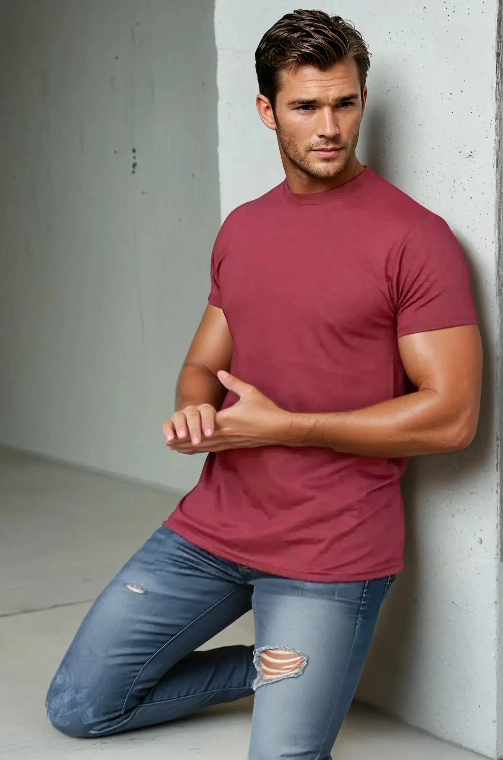 SpectraUSA Bi-Blend Crew 3050 men's T-shirt in dark colors, showing a close-up of the fabric and crew neckline.