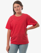 Red Heather Bi-blend Youth Mega-Tee for kids by SpectraUSA, showing a comfortable, stylish T-shirt with a vibrant design.