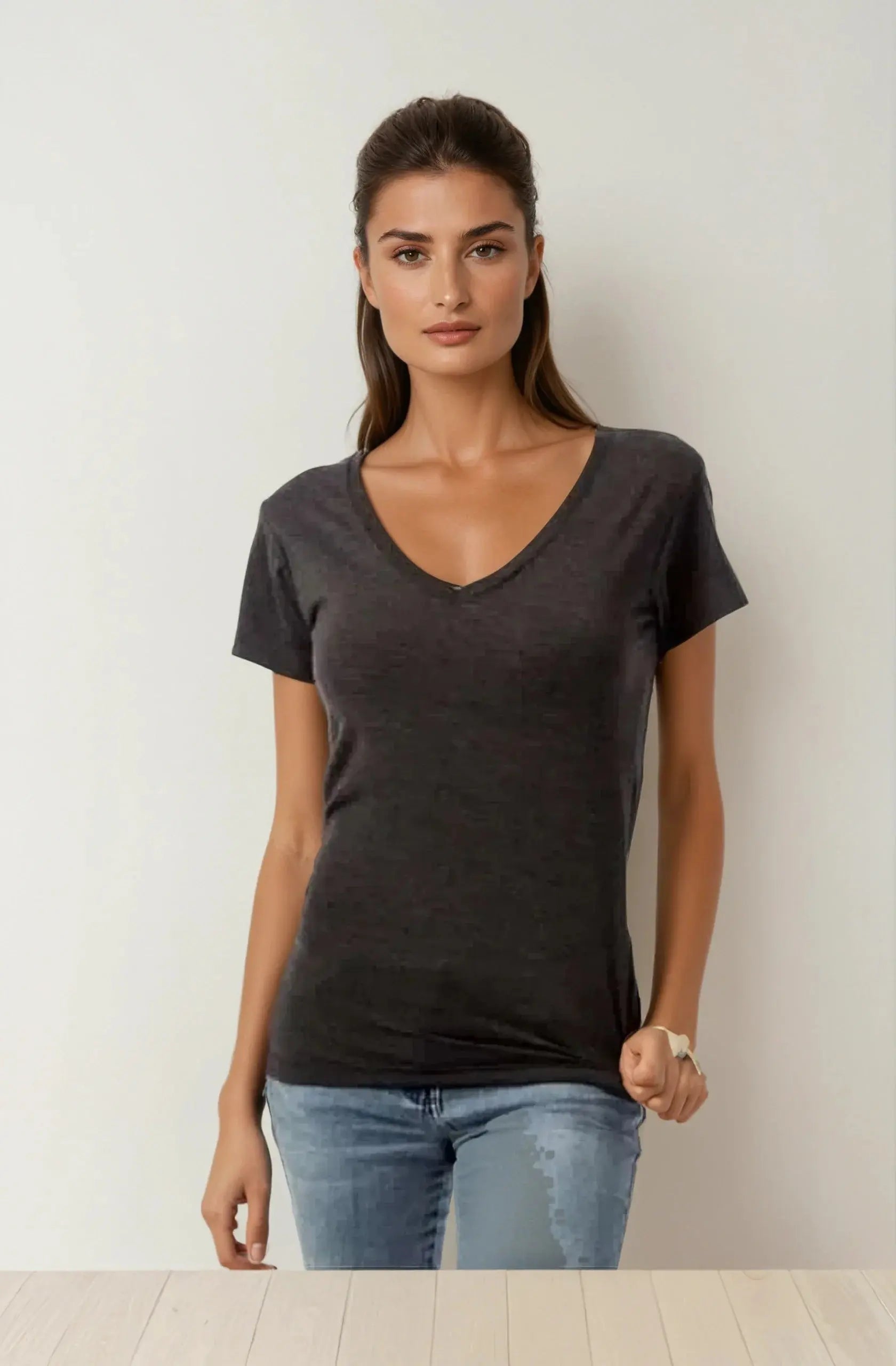 Women’s Wonder V-Neck top by SpectraUSA in charcoal heather, featuring a comfortable V-neck design and soft fabric.