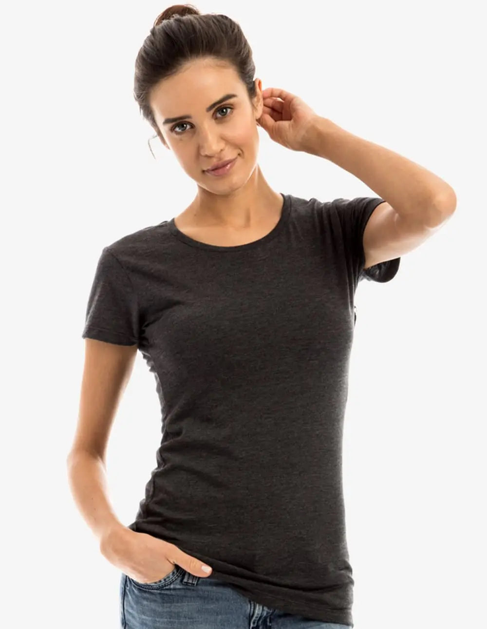 Women's SpectraUSA Club Crew T-Shirt in charcoal heather, showing a close-up of the soft fabric and relaxed fit.