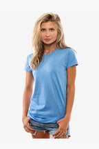 Light blue Heather SpectraUSA women's Club Crew T-Shirt, soft fabric, crew neck, casual fit, front view.