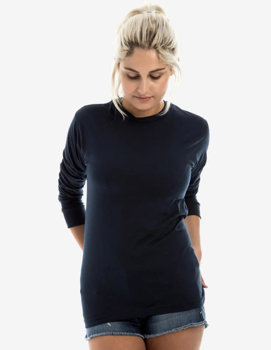 Navy long sleeve men's T-shirt by SpectraUSA, casual fit, soft fabric, displayed flat with sleeves extended.