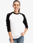 Men's black and white SpectraUSA Raglan RG3000 t-shirt, casual style with long sleeves and contrasting color design.