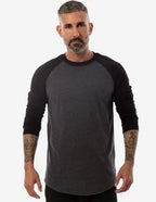 Men's black and charcoal SpectraUSA Raglan RG3000 t-shirt with long sleeves and sporty style, close-up view of fabric and design.