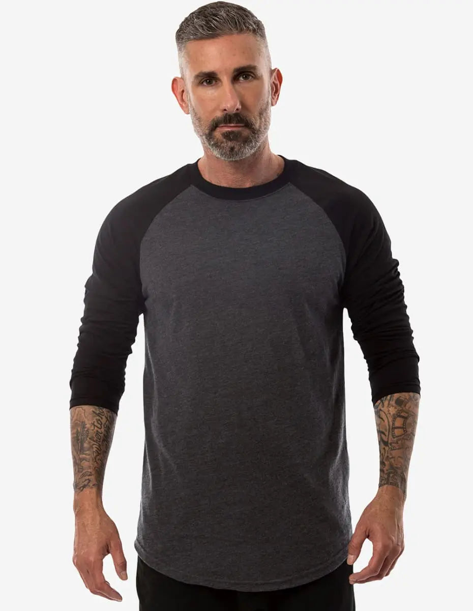 Men's black and charcoal SpectraUSA Raglan RG3000 t-shirt with long sleeves and sporty style, close-up view of fabric and design.