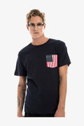 Men's USA flag pocket T-shirt by SpectraUSA featuring stars and bars design in navy, casual and patriotic style.
