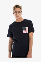 Men's USA flag pocket T-shirt by SpectraUSA featuring stars and bars design in navy, casual and patriotic style.