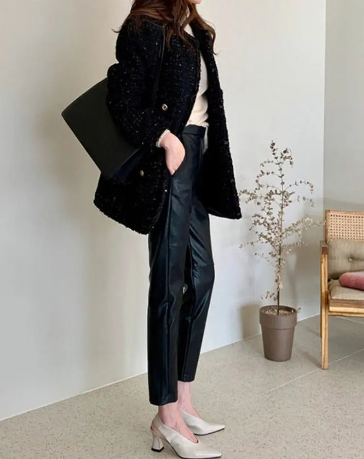 Spliced Loose Leather Pants Women Zipper PU Leather Trousers Women - Blade & Thread