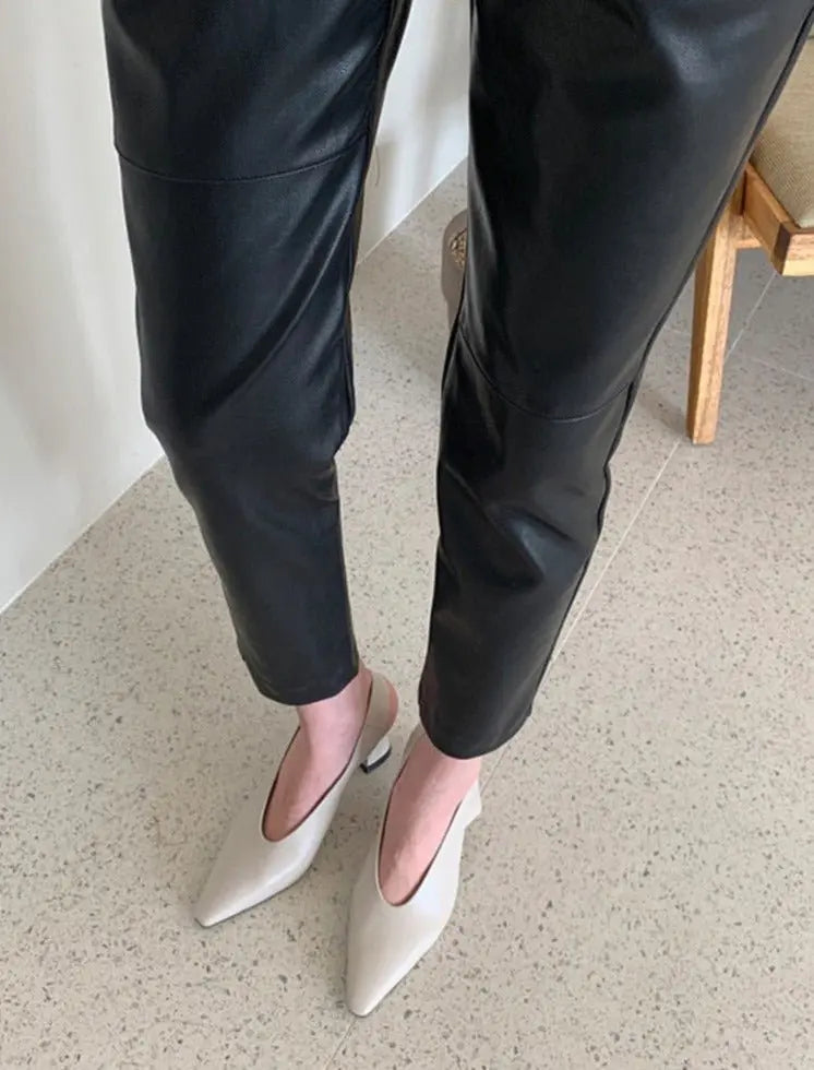 Spliced Loose Leather Pants Women Zipper PU Leather Trousers Women - Blade & Thread