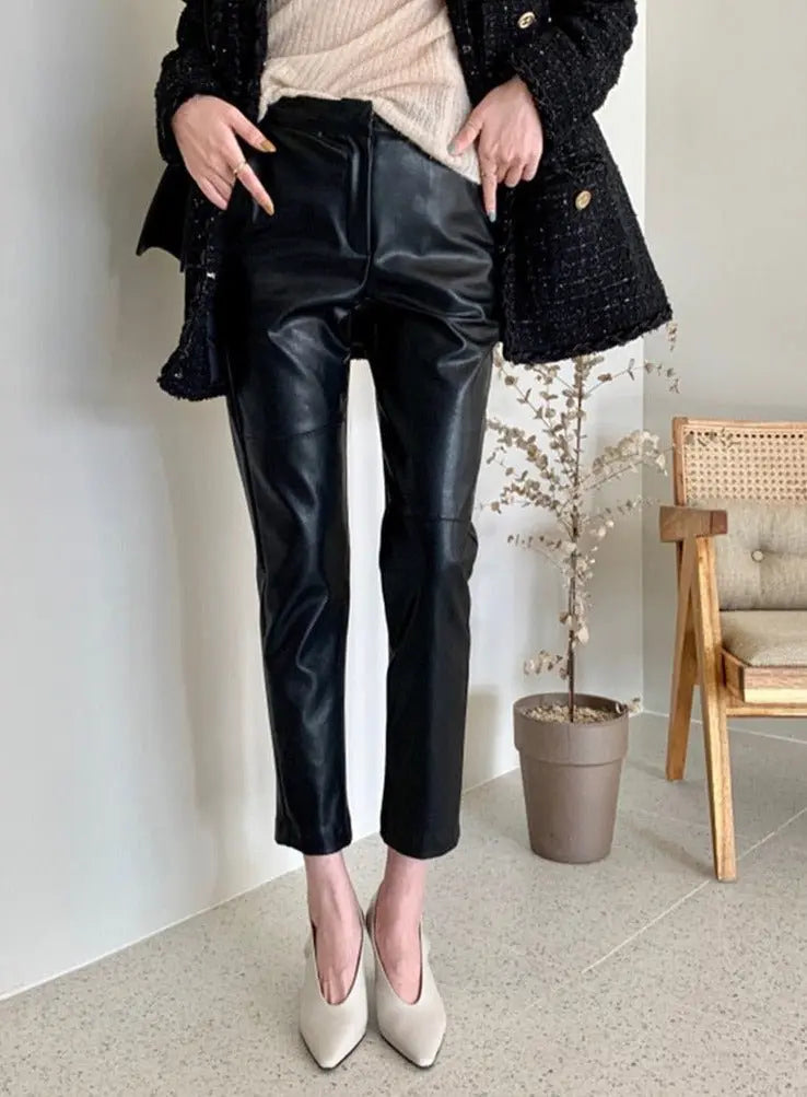 Spliced Loose Leather Pants Women Zipper PU Leather Trousers Women - Blade & Thread