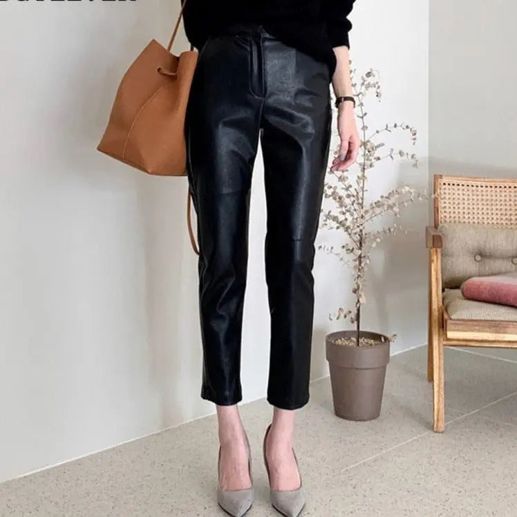 Spliced Loose Leather Pants Women Zipper PU Leather Trousers Women - Blade & Thread