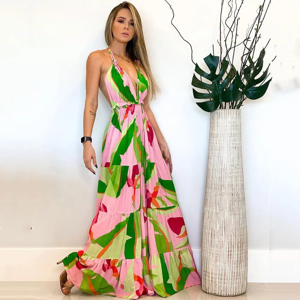 Spring and summer deep V backless dress Bohemian floral suspender dress - Blade & Thread