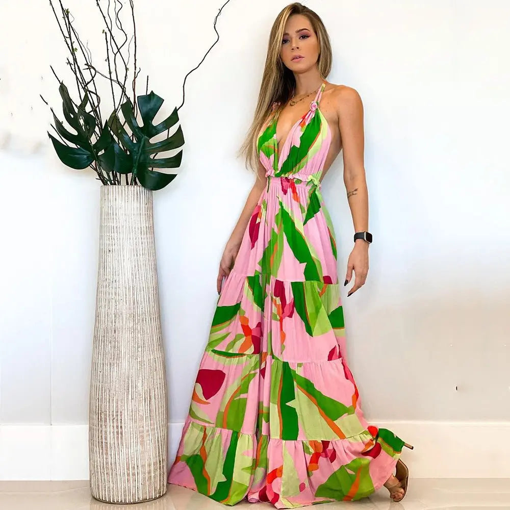 Spring and summer deep V backless dress Bohemian floral suspender dress - Blade & Thread