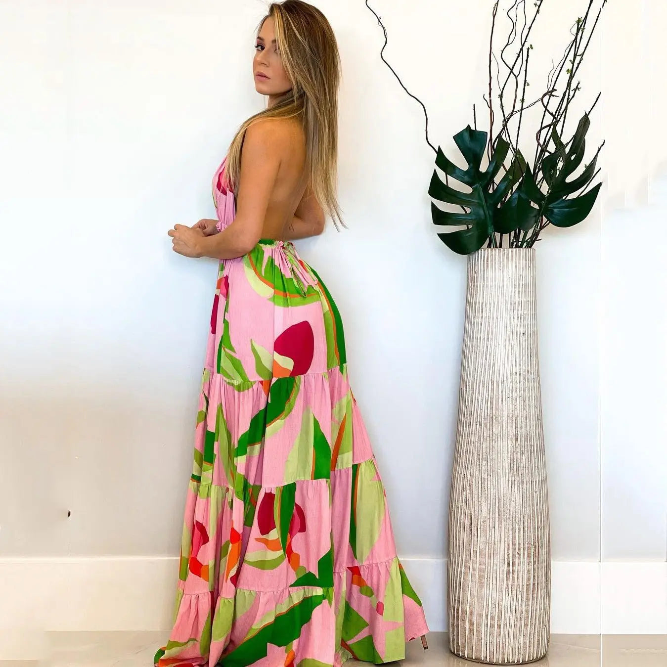 Spring and summer deep V backless dress Bohemian floral suspender dress - Blade & Thread