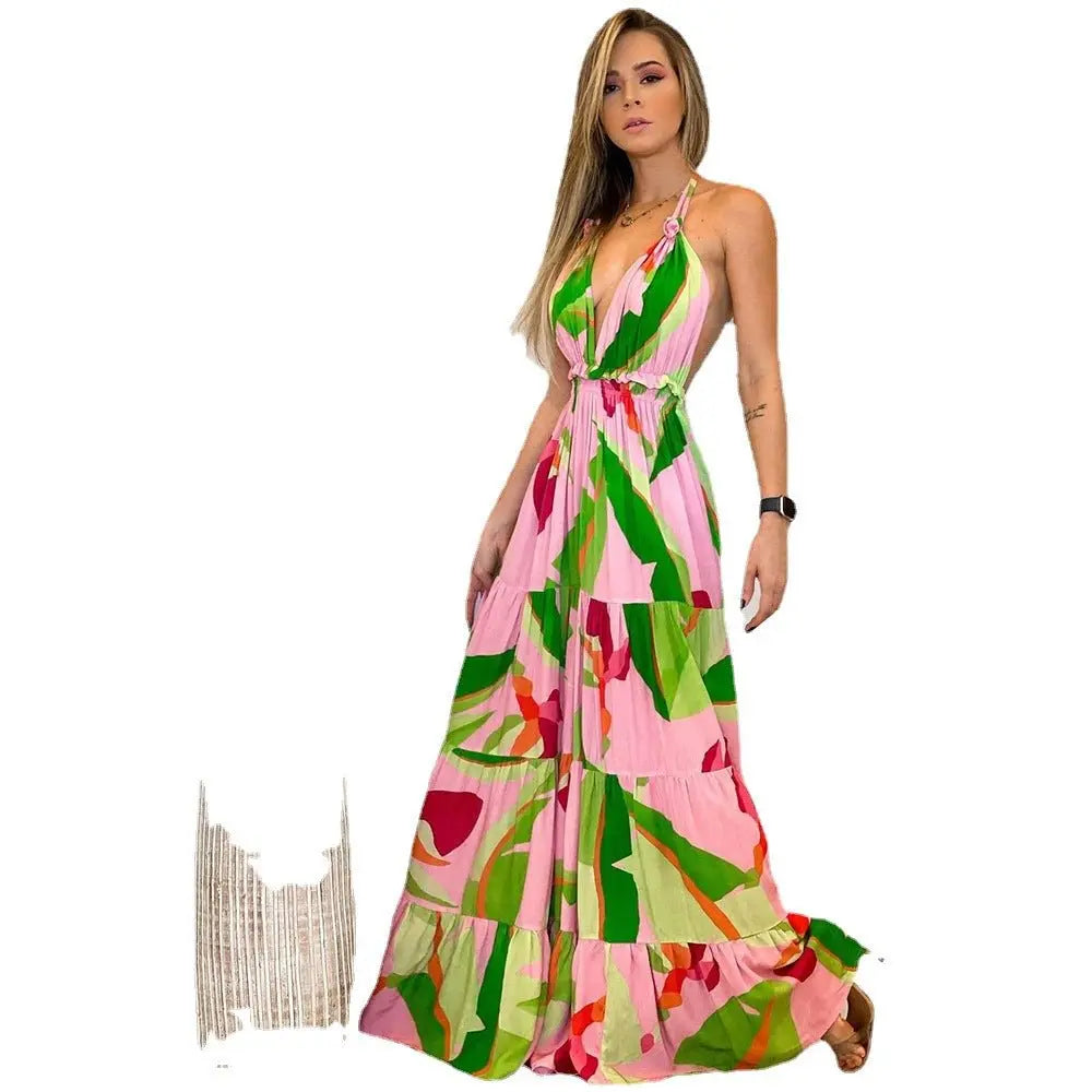 Spring and summer deep V backless dress Bohemian floral suspender dress - Blade & Thread