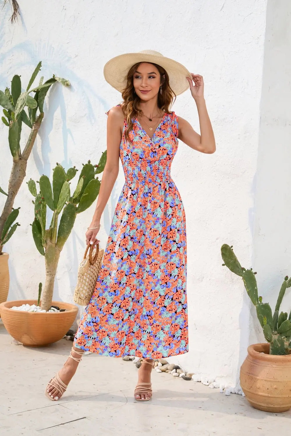 Spring and summer waist floral print waist dress V-neck strap dress nowadaysfashion