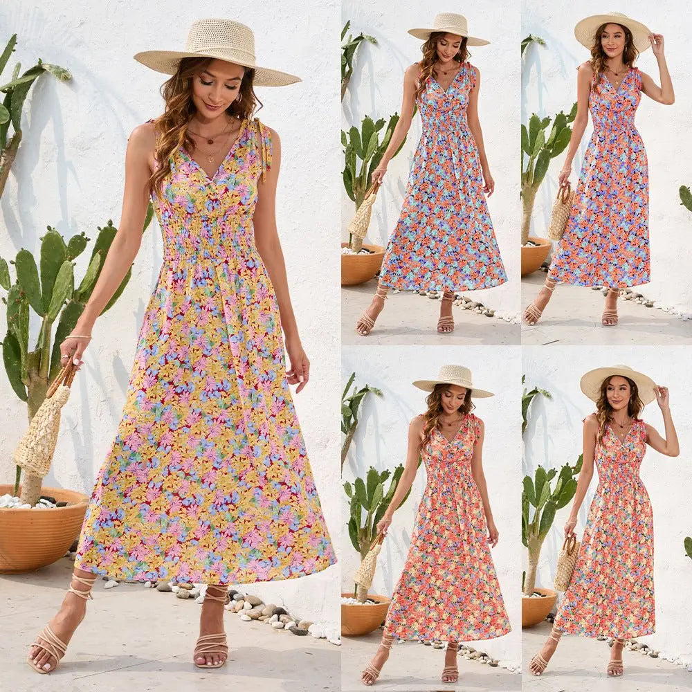 Spring and summer waist floral print waist dress V-neck strap dress - Blade & Thread