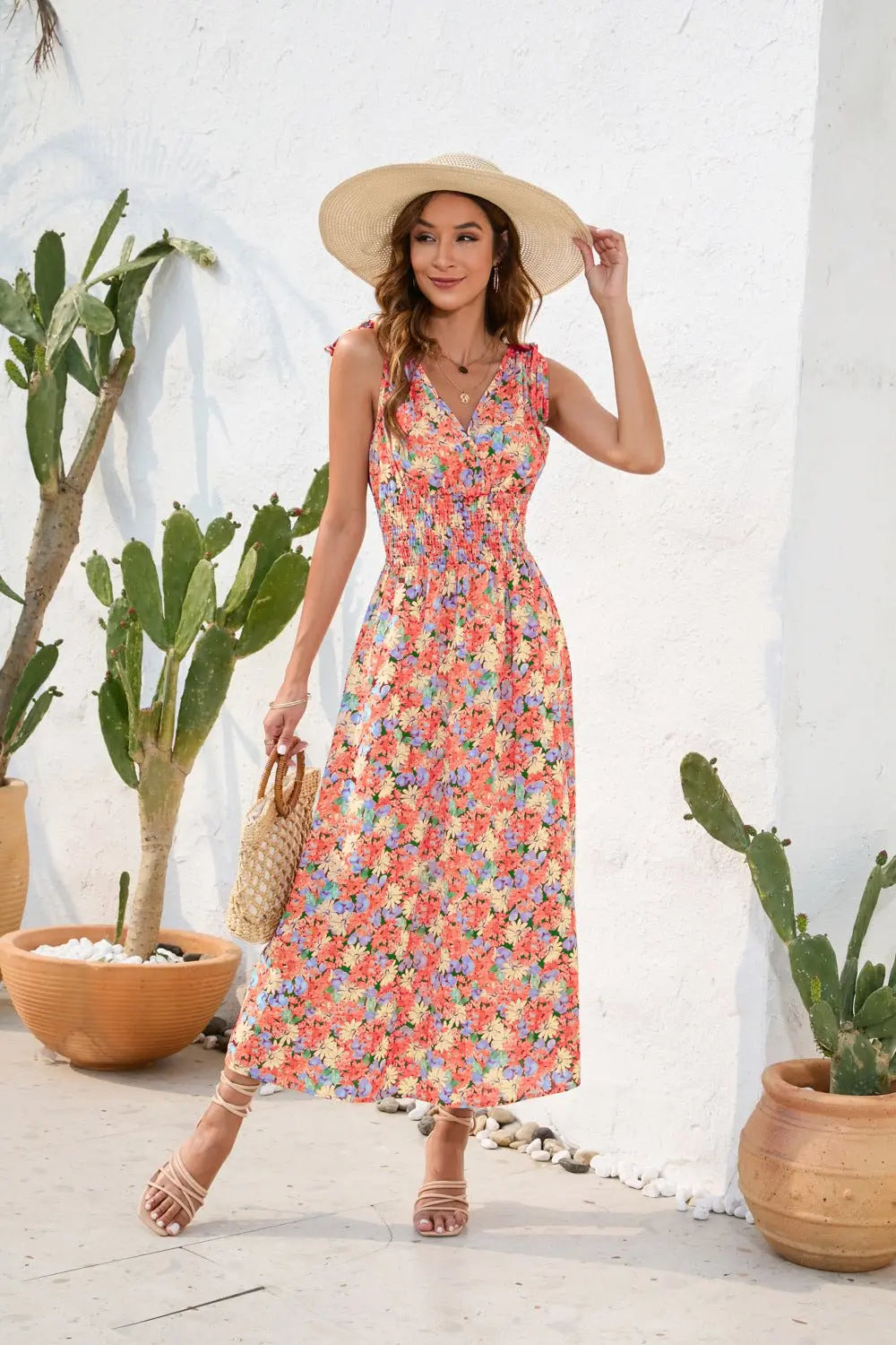 Spring and summer waist floral print waist dress V-neck strap dress nowadaysfashion