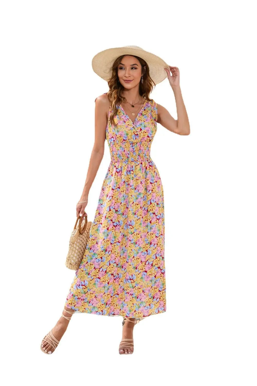 Spring and summer waist floral print waist dress V-neck strap dress nowadaysfashion