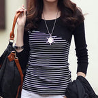 Spring-autumn new all-match Slim pullover striped stitching T-shirt long-sleeved bottoming shirt nowadaysfashion