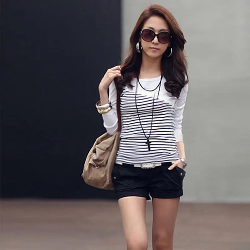 Spring-autumn new all-match Slim pullover striped stitching T-shirt long-sleeved bottoming shirt nowadaysfashion