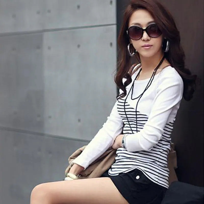 Spring-autumn new all-match Slim pullover striped stitching T-shirt long-sleeved bottoming shirt nowadaysfashion