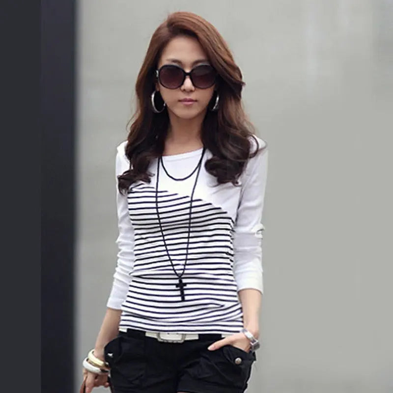Spring-autumn new all-match Slim pullover striped stitching T-shirt long-sleeved bottoming shirt nowadaysfashion