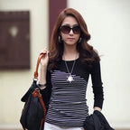 Spring-autumn new all-match Slim pullover striped stitching T-shirt long-sleeved bottoming shirt nowadaysfashion
