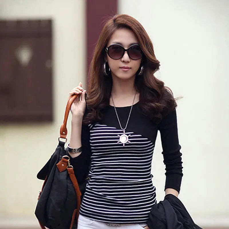 Spring-autumn new all-match Slim pullover striped stitching T-shirt long-sleeved bottoming shirt nowadaysfashion