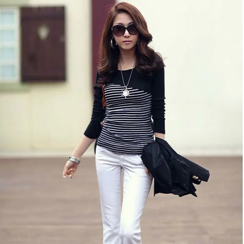 Spring-autumn new all-match Slim pullover striped stitching T-shirt long-sleeved bottoming shirt nowadaysfashion